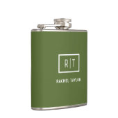 Modern donker olijfgroen monogram heupfles (Rechts)