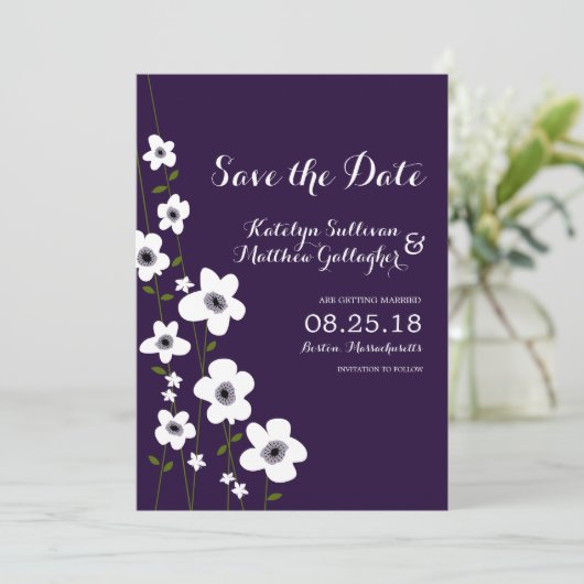 Modern Donker Paars Anemone | Datum opslaan Save The Date (Staand voorkant)