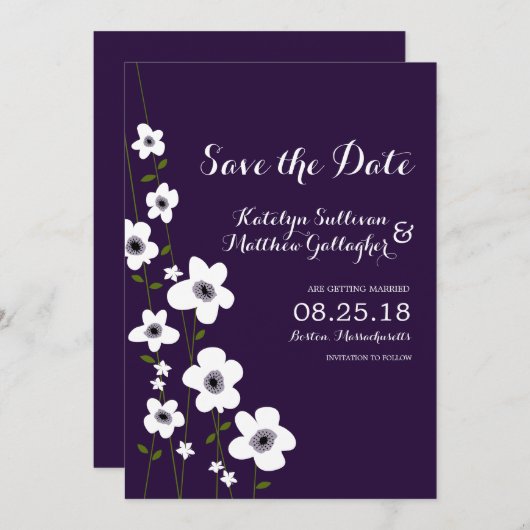 Modern Donker Paars Anemone | Datum opslaan Save The Date (Voorkant / Achterkant)