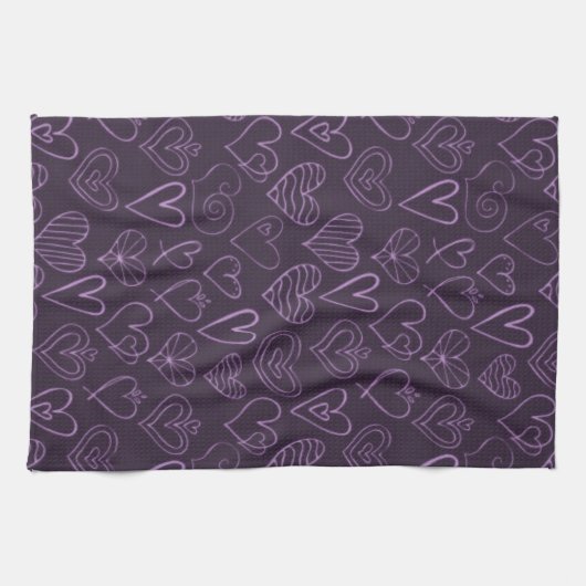 Modern donker Paars hartpatroon Theedoek (Horizontaal)