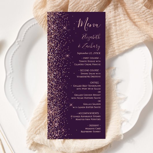 Modern donker Paars Roos Gold Glitter Weddenschap Menu