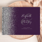 Modern, donker Paars, zilver glitter script Gastenboek