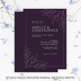 Modern donker Paarse bladeren omtrek bruiloft Kaart