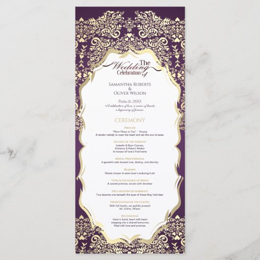 Modern Donker Paarse en Gouden Damask Wedding Prog Programmakaart (Voorkant)