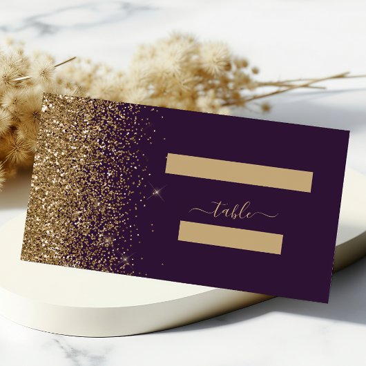 Modern Donker Paarse Gouden Glitter Edge Bruiloft Plaatskaartje