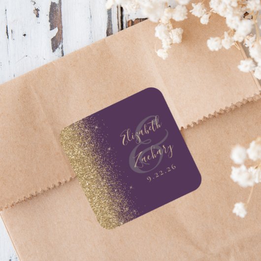 Modern Donker Paarse Gouden Glitter Edge Bruiloft Vierkante Sticker