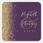 Modern Donker Paarse Gouden Glitter Edge Bruiloft Vierkante Sticker (Voorkant)