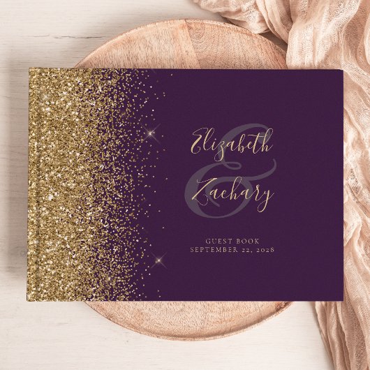 Modern donker Paarse gouden glitter script Gastenboek