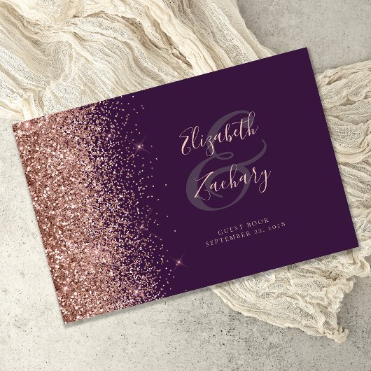 Modern Donker Paarse Roos Goud Glitter Script Gastenboek