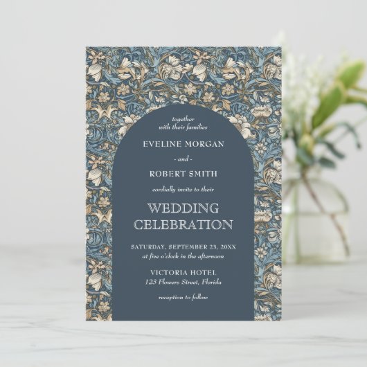 Modern Donker pastelblauw ivoor bloemen Art Nouvea Kaart (Staand voorkant)