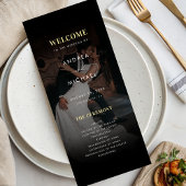 Modern Donker Vervaagd Foto Goud & Zwart Bruiloft Programmakaart