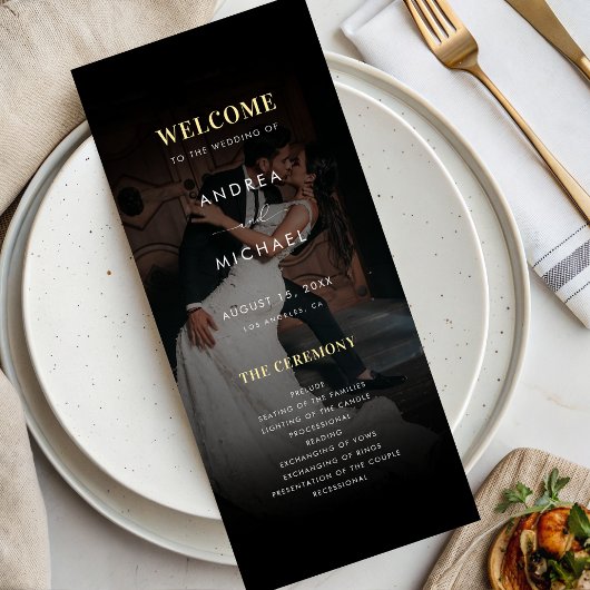 Modern Donker Vervaagd Foto Goud & Zwart Bruiloft Programmakaart