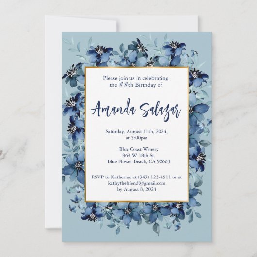 Modern Donkerblauw Bloemen Verjaardagsfeest Kaart (Voorkant)
