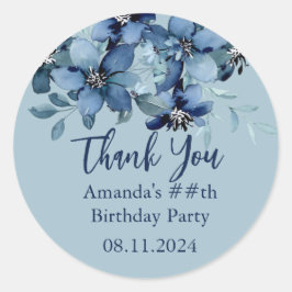 Modern Donkerblauw Bloemen Verjaardagsfeestje Dank Ronde Sticker