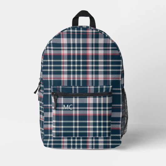 Modern Donkerblauw Check Plaid Monogram Initialen Bedrukte Rugzak (Voorkant)