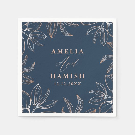 Modern donkerblauw en Roos gouden gebladerte bruil Servet (Voorkant)