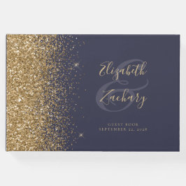 Modern Donkerblauw Goud Glitter Script Gastenboek