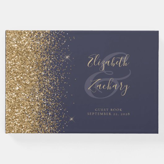 Modern Donkerblauw Goud Glitter Script Gastenboek (Voorkant)