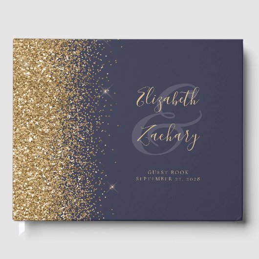 Modern Donkerblauw Goud Glitter Script Gastenboek (Voorkant)