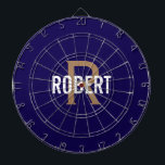 Modern donkerblauw goud monogram naam dartbord<br><div class="desc">Modern donkerblauw dartbord met een witte naam en gouden monogram. Personaliseer met naam en initiaal.</div>
