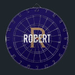 Modern donkerblauw goud monogram naam dartbord<br><div class="desc">Modern donkerblauw dartbord met een witte naam en gouden monogram. Personaliseer met naam en initiaal.</div>