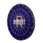 Modern donkerblauw goud monogram naam dartbord (Voorkant Rechts)