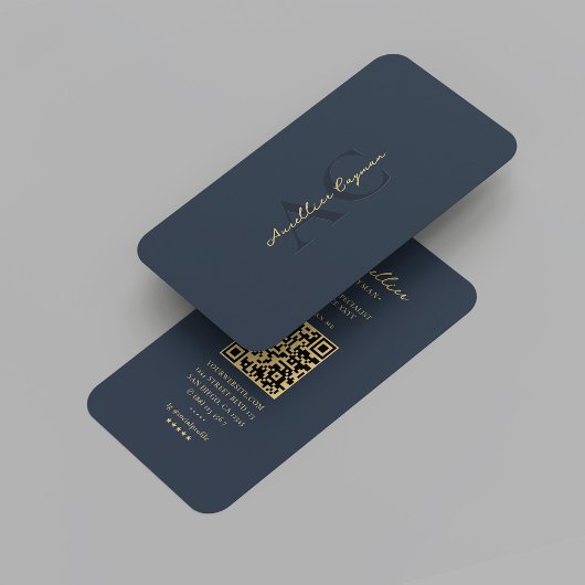 Modern Donkerblauw Goud Monogram Professioneel Visitekaartje