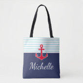 Modern donkerblauw nautisch ontwerp rood anker tote bag (Voorkant)
