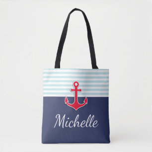 Modern donkerblauw nautisch ontwerp rood anker tote bag
