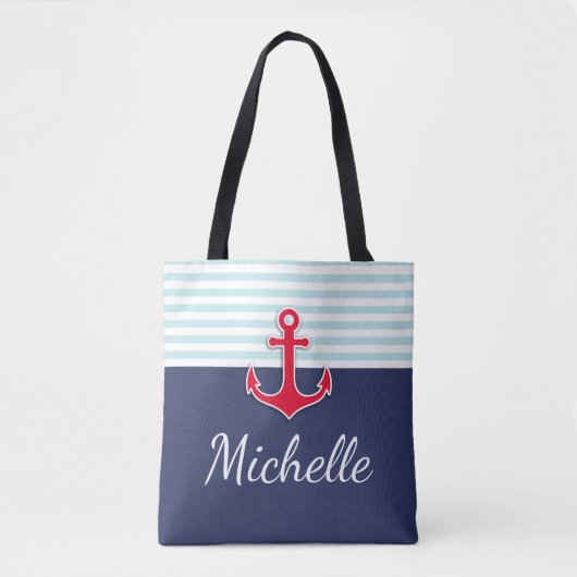 Modern donkerblauw nautisch ontwerp rood anker tote bag (Voorkant)