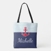 Modern donkerblauw nautisch ontwerp rood anker tote bag (Achterkant)