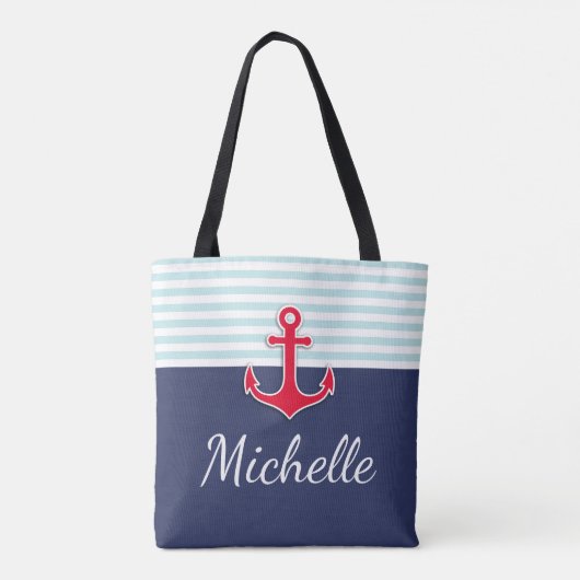 Modern donkerblauw nautisch ontwerp rood anker tote bag (Achterkant)