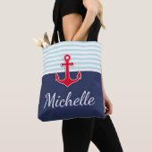 Modern donkerblauw nautisch ontwerp rood anker tote bag (Dichtbij)