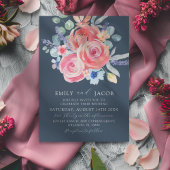 Modern donkerblauw Roos Bloemen Waterverf bruiloft Kaart