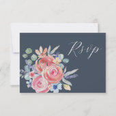 Modern donkerblauw Roos Bloemen Waterverf bruiloft RSVP Kaartje (Voorkant)