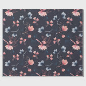 Modern donkerblauw roze bloemblaadpapier cadeaupapier (Vlak)