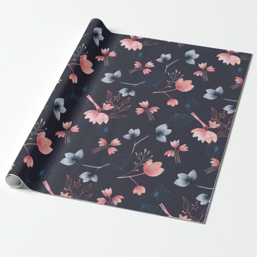 Modern donkerblauw roze bloemblaadpapier cadeaupapier (Uitgerold)