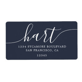 Modern donkerblauw script familie retouradres etiket