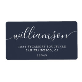 Modern donkerblauw script familie retouradres etiket