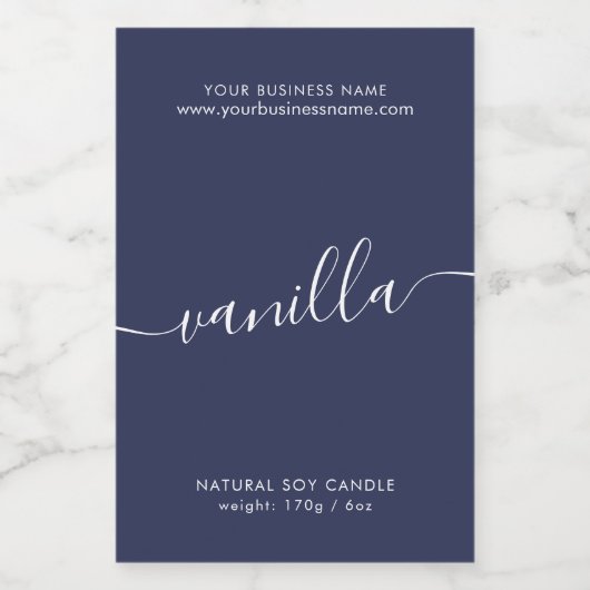 Modern donkerblauw script kaars product label voedselcontainer etiket (Enkel label)