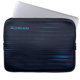 Modern donkerblauw strippatroon met naam laptop sleeve