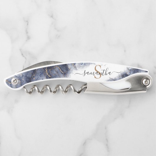 Modern Donkerblauw Waterverf Goud Monogram Kurkentrekker (Achterkant)