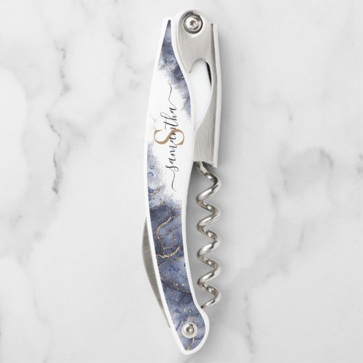 Modern Donkerblauw Waterverf Goud Monogram Kurkentrekker (Achterkant)