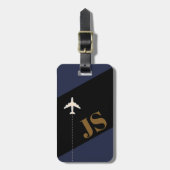 Modern donkerblauw zwart monogram bagagelabel (Voorkant verticaal)