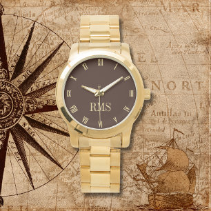 Modern donkerbruin monogram oversized gouden armba horloge