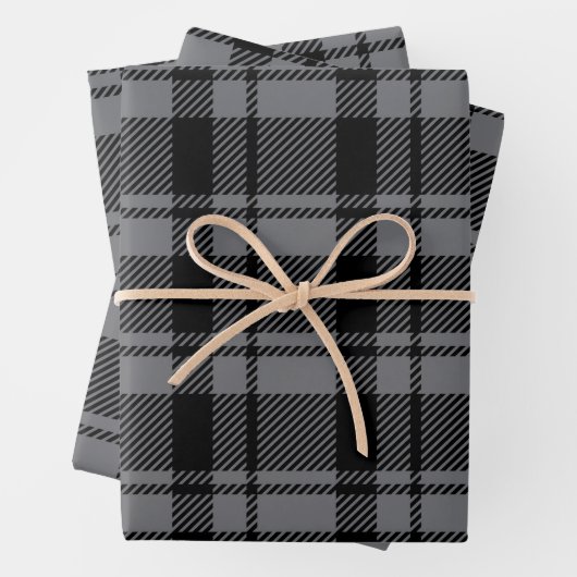 Modern Donkergrijs en Zwart Tartan Plaid Inpakpapier Vel (In situ)