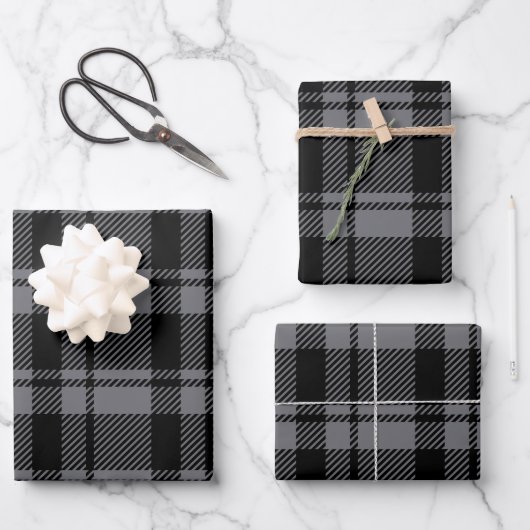 Modern Donkergrijs en Zwart Tartan Plaid Inpakpapier Vel (Voorkant)