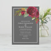 Modern donkergrijs linnen Bourgogne bloemenbruilof Kaart (Staand voorkant)