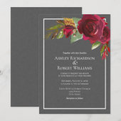 Modern donkergrijs linnen Bourgogne bloemenbruilof Kaart (Voorkant / Achterkant)