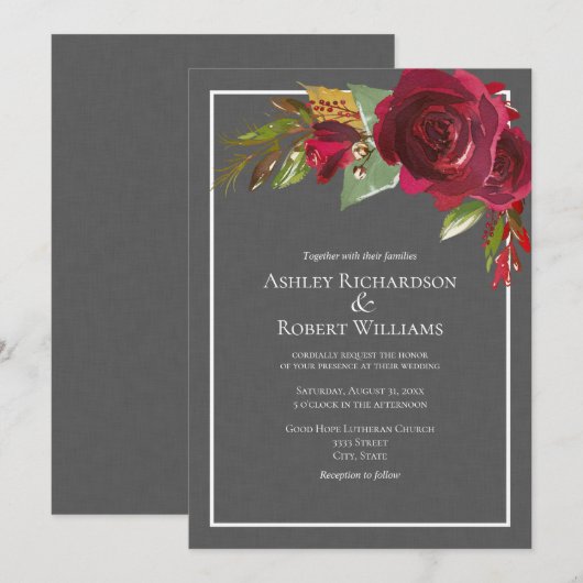 Modern donkergrijs linnen Bourgogne bloemenbruilof Kaart (Voorkant / Achterkant)